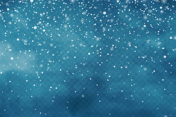 Aufkleber - Realistic falling snow with snowflakes and clouds. Winter transparent background for Christmas or New Year card. Frost storm effect, snowfall, ice. Vector illustration.