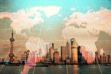 Double exposure of business theme hologram drawing and city veiw background. Concept of success.