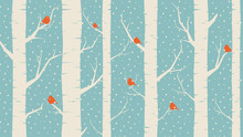 Blue Background: Winter Forest, Birds And Snowfall