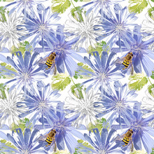 Seamless Pattern Of White And Blue Abstract Daisies, Green Leaves And Bees On A White Background.