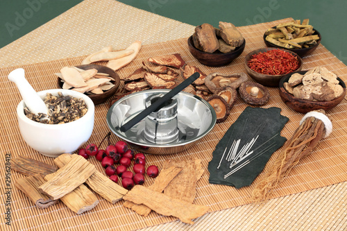 Fotografía Traditional Chinese herbs used in herbal medicine with acupuncture needles and moxa stick used in moxibustion therapy on bamboo mats and green background