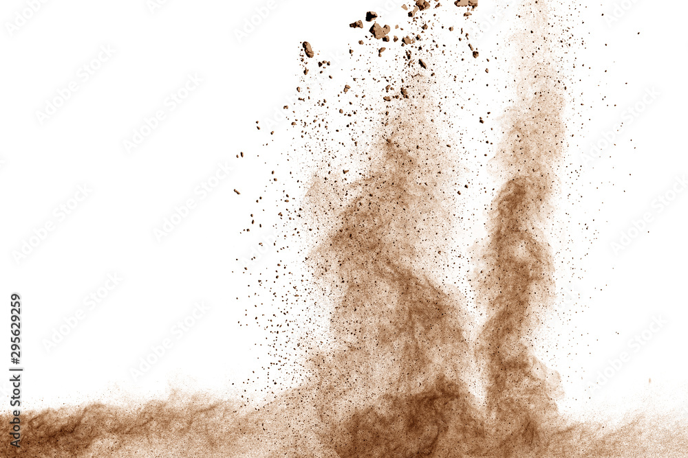 Brown dust explosion cloud.Brown particles splatter on white background. - obrazy, fototapety, plakaty 