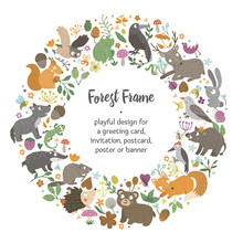 Vector Round Frame With Animals And Forest Elements On Black Background. Natural Themed Banner. Cute Funny Woodland Card Template..