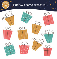 Find two same presents. Holiday matching activity for preschool children. Funny Christmas or Birthday game for kids. Logical quiz worksheet..