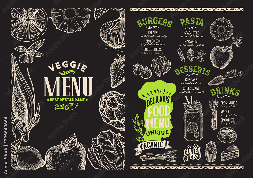 Vegan menu food template for restaurant with doodle hand-drawn graphic ...