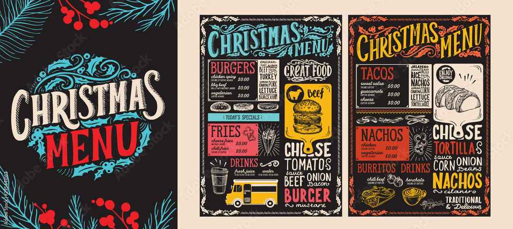 Christmas and New Year food menu template for restaurant. Vector illustration for holiday dinner celebration with hand-drawn lettering. - obrazy, fototapety, plakaty 