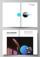 Wall Mural - Vector layout of two A4 format modern cover mockups design templates for bifold brochure, flyer, booklet. Simple design futuristic concept. Creative background with circles that form planets and stars