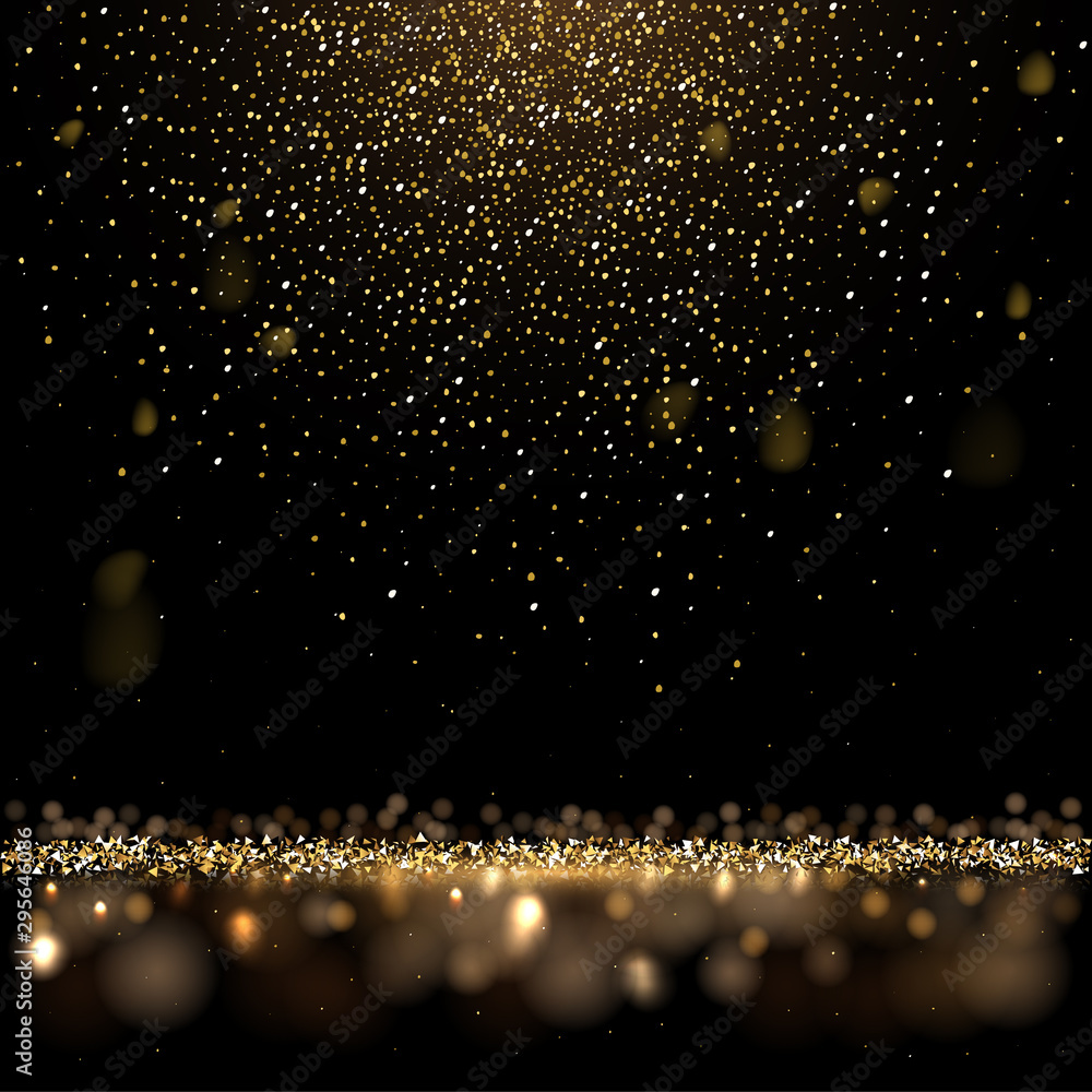 Gold glitter and shiny golden rain on black background. Vector square luxury background. - obrazy, fototapety, plakaty 