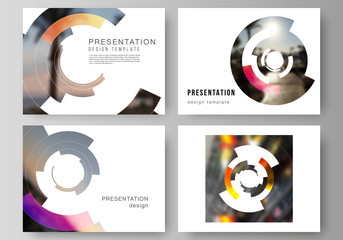 The minimalistic abstract vector layout of the presentation slides design business templates. Futuristic design circular pattern, circle elements forming geometric frame for photo.