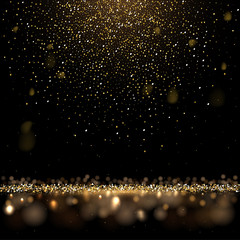 Gold glitter and shiny golden rain on black background. Vector square luxury background.