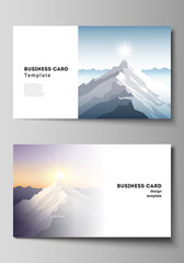 The minimalistic abstract vector illustration layout of two creative business cards design templates. Mountain illustration, outdoor adventure. Travel concept background. Flat design vector.