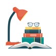 © Alena - Table lamp, different books, glasses. Love reading concept. Vector illustration in flat style.
