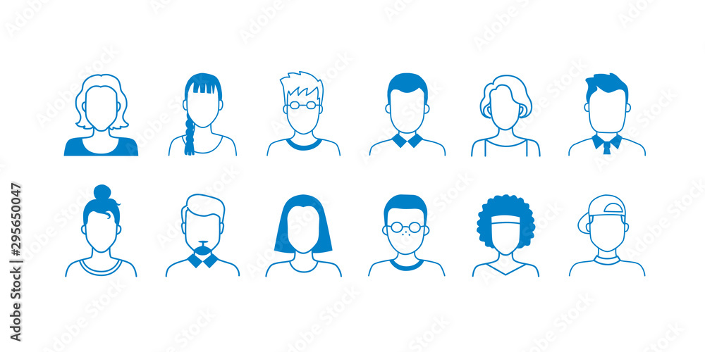 Avatar line icons. Hand drawn interface user symbols, doodle people of different ages, teens adult and old. Vector cartoon linear portraits with face shapes for person profile social network - obrazy, fototapety, plakaty 