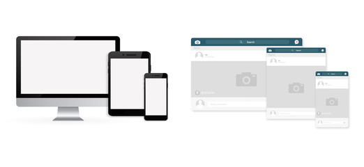 Set of computer, tablet and phone. Concept of social page interface for the laptop, phone or tablet. Vector illustration.