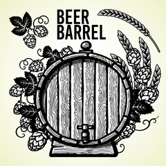 Wall Mural - old wooden barrel of beer with hop branches and ears of barley or wheat. hand drawn set of elements 