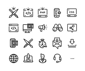 Icons on the topic of IT technology.  Set of icons developers of applications, sites and software. Simple contour style. Pixel Perfect. Symbols and signs of the computer world.