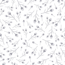 Vector Seamless Pattern Of Pale Grey Flower Buds On Branches On A White Background. Great For Dressmaking And Home Decor Fabric.