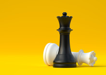 Black And White Queen Chess Piece Isolated On Pastel Yellow Background. Chess Game Figurine. Chess Pieces. Board Games. Strategy Games. Creative Minimal Concept. 3d Illustration, 3d Rendering