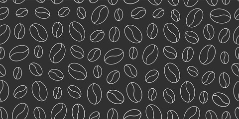 Seamless vector pattern with coffee beans, linear graphic in black and white