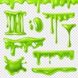 Realistic green slime. Slimy toxic blots, goo splashes and mucus smudges. Halloween liquid decoration borders 3d isolated vector set