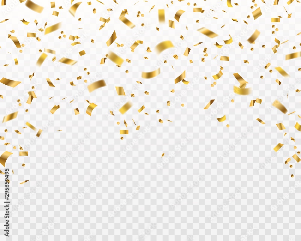 Golden confetti. Falling gold foil ribbons, flying yellow glitter. Christmas holiday and anniversary party vector isolated texture - obrazy, fototapety, plakaty 
