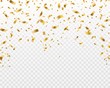 Golden confetti. Falling gold foil ribbons, flying yellow glitter. Christmas holiday and anniversary party vector isolated texture