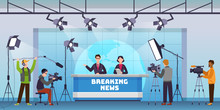 Live News. Broadcasting Production Studio, Mass Media Television With Presenters. Cameraman Shooting Crew, Global News Vector Concept