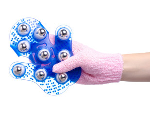 Wall Mural - Manual massager ball roller in bath glove hand on white background. Isolation