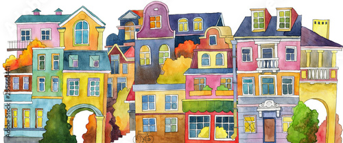 Obraz w ramie Set of watercolor houses isolated on white background. Children's illustration. Seamless background.