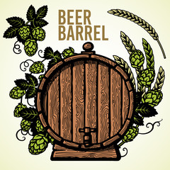 Wall Mural - Old wooden barrel of beer with hop branches and ears of barley or wheat. Hand drawn set of elements on white background.