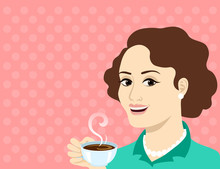 Retro Style Woman With Coffee Cup On Pink Polka Dots Background . Pop Art