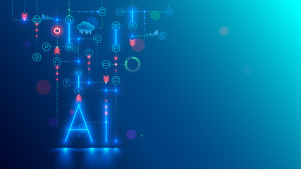 Leinwandbilder - Artificial intelligence technology conceptual banner. AI neon letter in dark background links with icons. Tech analysis data. Machine learning of intellectual computer system of solution business task