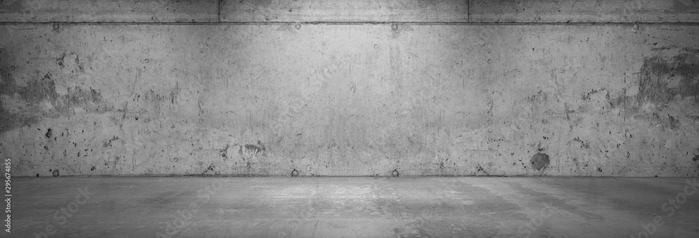 Old Concrete Wall Background Empty Floor Panoramic Room Wide Angle - obrazy, fototapety, plakaty 