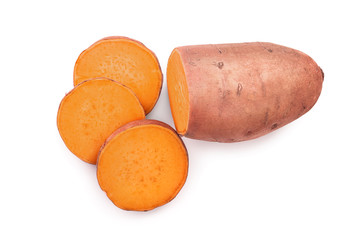 Sweet potato isolated on white background closeup. Top view. Flat lay.