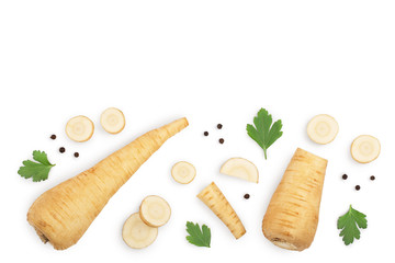 Parsnip root and slices with parsley peppercorns isolated on white background with copy space for your text. Top view. Flat lay,