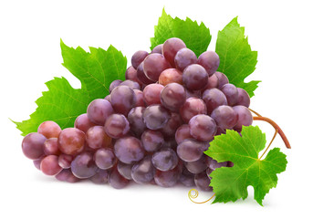 Fototapete - Isolated grape. Bunch of red grapes with leaves on a branch of vine isolated on white background with clipping path