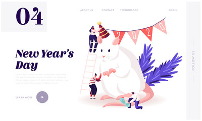 Wall Mural - 2020 New Year Holidays Website Landing Page. Group of Happy People Prepare for Party Celebration Decorate Huge White Mouse Symbol Chinese Calendar Web Page Banner. Cartoon Flat Vector Illustration