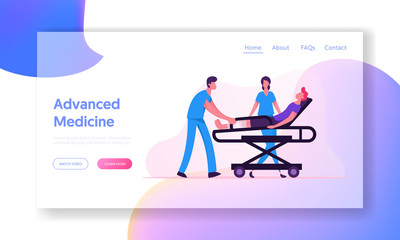 Wall Mural - Advanced Medicine Website Landing Page. Ambulance Medical Staff Carrying Man Patient with Broken Leg to Hospital. Emergency Paramedic Medic Doctor Web Page Banner. Cartoon Flat Vector Illustration