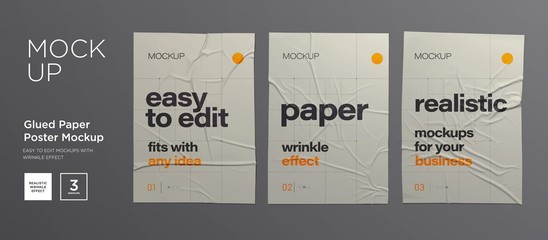 wrinkled poster template set. glued paper. vector realistic wet wrinkled posters mockup