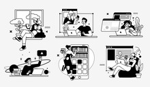 Online Education Business Concept Illustrations. Collection Of Scenes With Men And Women Taking Part In Activities Of Educating Or Instructing. Outline Vector Illustration.