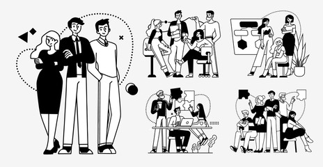 Collection of succesfull team illustrations . Bundle of men and women taking part in business meeting, negotiation, brainstorming, talking to each other. Teamwork concept outline vector illustrations.