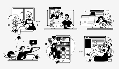 Online Education Business Concept illustrations. Collection of scenes with men and women taking part in activities of educating or instructing. Outline vector illustration.