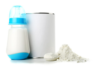 Bottle of milk and jar with baby formula on white background