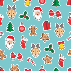 Wall Mural - Seamless pattern of Christmas and New Year symbols. Gingerbread man, Santa Claus, deer, bell, candy, gift, ball, Christmas tree, mistletoe, gloves pattern on blue background. Vector illustration.