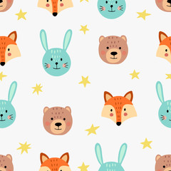 Wall Mural - Cute seamless pattern with animal faces and stars. Background for kids with wild animals - rabbit, fox, bear. Vector illustration