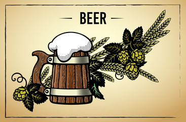 Wall Mural - old wooden mug of beer with foam, hop branches and ears of barley or wheat. hand drawn set of elemen