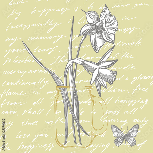 Daffodil or Narcissus flower drawings. Collection of hand drawn black and whi...