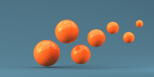 Falling Orange Balls In The Blue Background. 3d Render Illustration For Advertising.