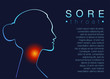 Template for medical broshure Sore throat with text space. Woman silhouette throat irritation, sore throat, symptom of flu, health problems. Vector illustration in neon light style, concept human head