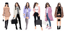Set Of Women Dressed In Stylish Trendy Clothes